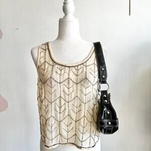 Cream Beaded Sheer Tank Top,‎ Vintage Glam Coquette Boho Chic Y2K Small